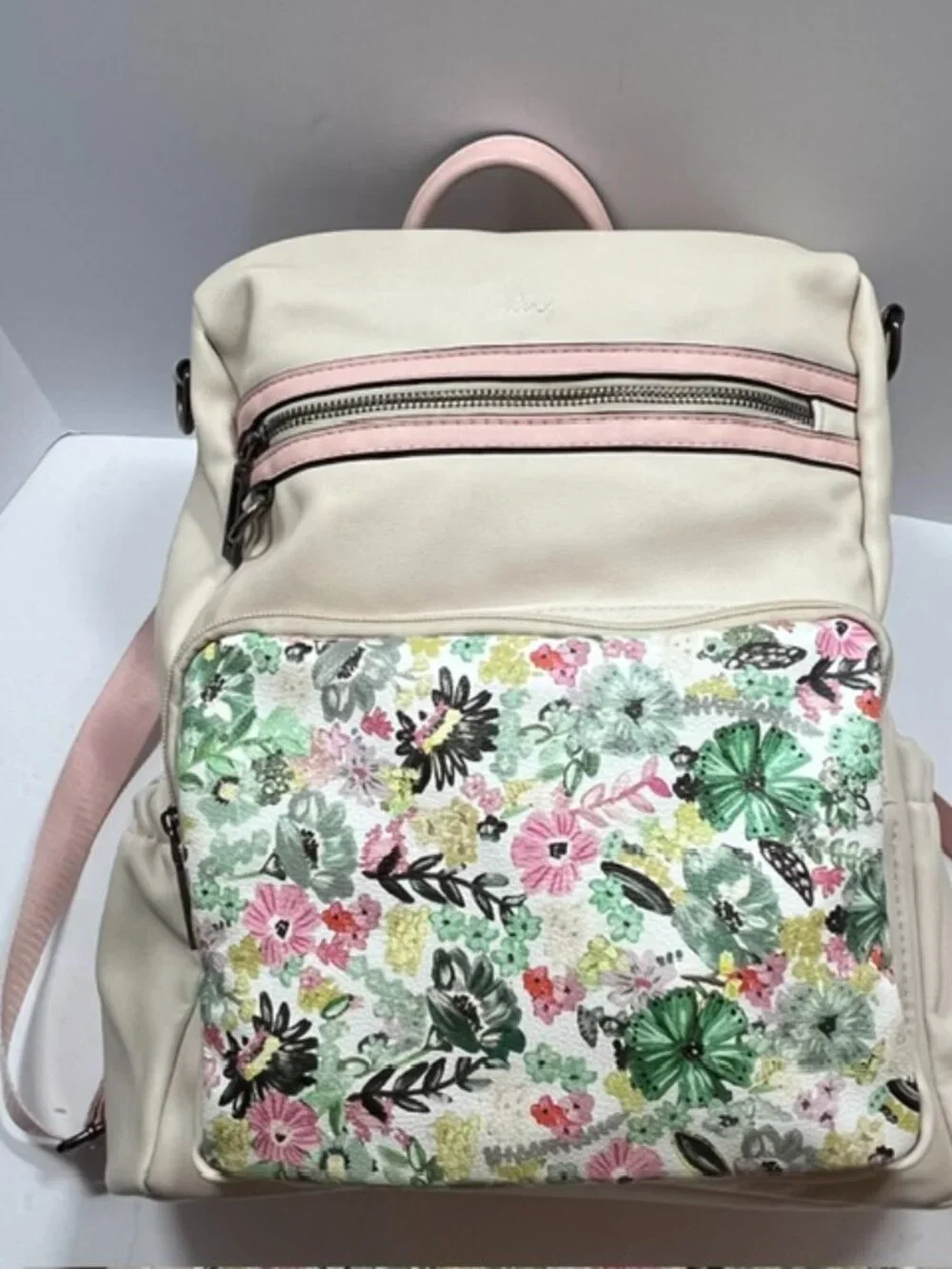 Cluci Cream/Pink w/Floral Front-Pocket Vegan Leather Backpack EUC